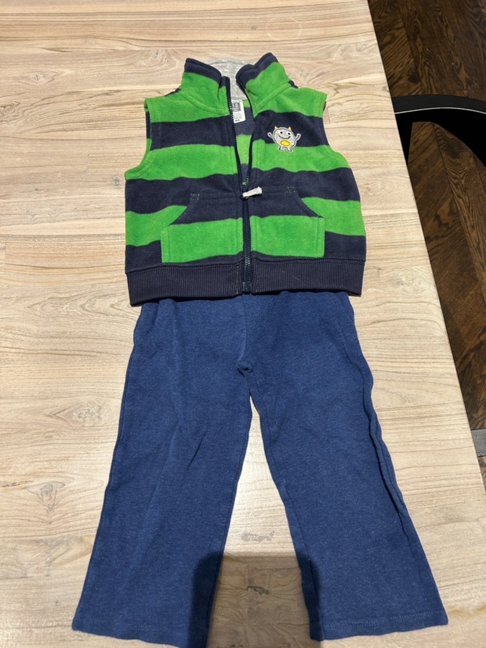 Striped Green & Navy Zip Vest with Navy Pants